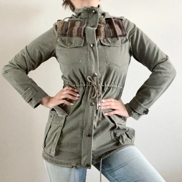 Triple 5 SOUL Y2K long green cargo zip military utility aztec boho 100% cotton - Picture 2 of 16